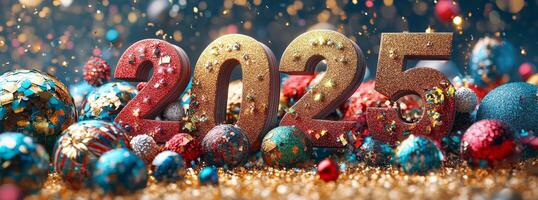 Festive New Year decorations featuring colorful 2025 numbers and shimmering ornaments photo