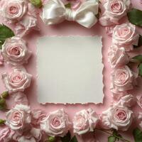 A serene arrangement of pink roses framing a blank card with white bows on a soft background photo
