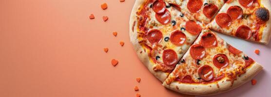 Freshly Baked Pepperoni Pizza Cut Into Slices on Bright Orange Background photo