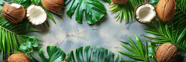 Coconuts and Leaves on a White Surface photo