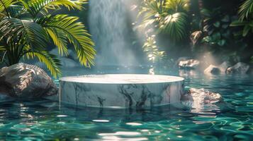 Floating Marble Object in Pool Surrounded by Palm Trees photo