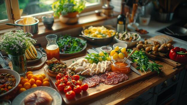 Fresco ensalada ingredientes arreglado en un oscuro encimera foto