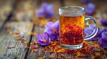 Saffron Tea With Purple Flowers on a Wooden Table photo