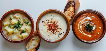 Three Bowls of Soup and Bread on White Surface photo