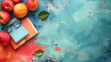 Stack of Books, Apple, and Orange on Table photo