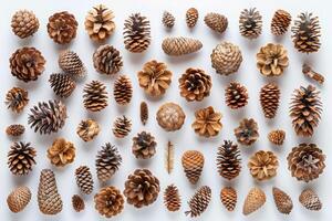 Brown Pine Cones Arranged On A White Background photo