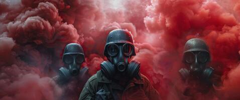 Soldiers Wearing Gas Masks Amid Red Smoke photo