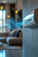 Modern living room with stylish decor and ambient lighting featuring a unique blue wave design photo