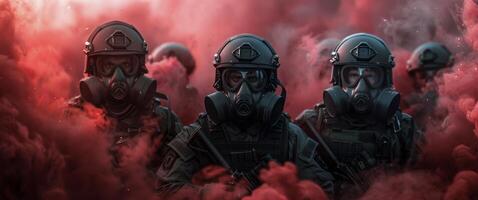 Soldiers Wearing Gas Masks Amid Red Smoke photo
