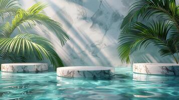 Floating Marble Object in Pool Surrounded by Palm Trees photo