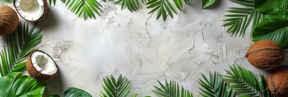 Coconuts and Leaves on a White Surface photo