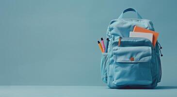 Blue Backpack on Blue Background photo