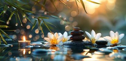 Candle and Water Lilies in Pond photo