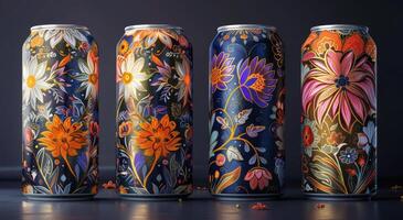 Four Cans of Beer With Floral Designs photo