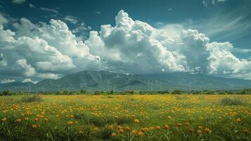 Field of Flowers With Mountain Background photo