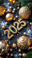 The New Year 2025 Surrounded by Gold Balls and Ornaments photo