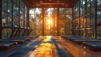 Empty Gym With Rows of Treadmills photo