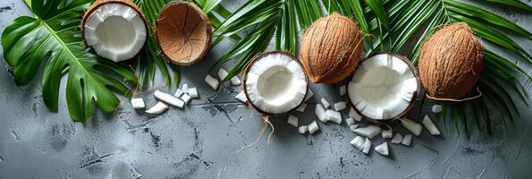Coconuts and Leaves on a White Surface photo