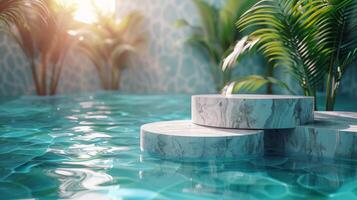 Floating Marble Object in Pool Surrounded by Palm Trees photo