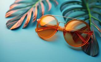 Orange Sunglasses on Blue Background photo