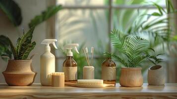 Bottle of Soap, Brush, and Plants on Table photo