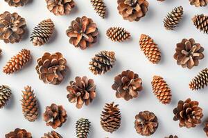 Brown Pine Cones Arranged On A White Background photo