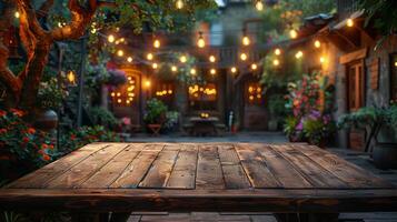 Wooden Table With Hanging Lights photo
