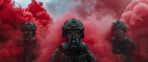 Soldiers Wearing Gas Masks Amid Red Smoke photo