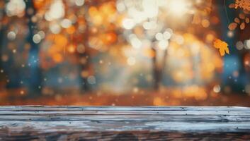 Autumn Sunset Over a Wooden Table Surrounded by Colorful Fall Foliage photo