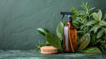 Bottle of Soap, Brush, and Plants on Table photo