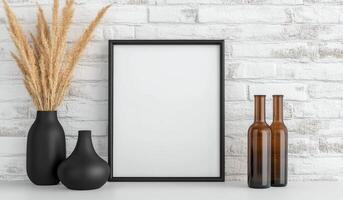 Elegant home decor display with empty frame and decorative vases on a brick wall photo