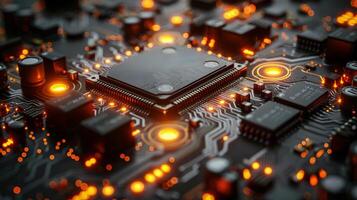 Close Up of a Computer Chip With Yellow Lights photo