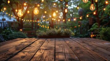 Wooden Table With Hanging Lights photo