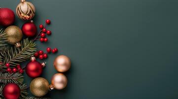 Festive Christmas Ornaments and Decorations on Dark Green Background photo