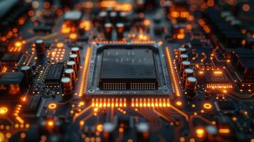 Close Up of a Computer Chip With Yellow Lights photo