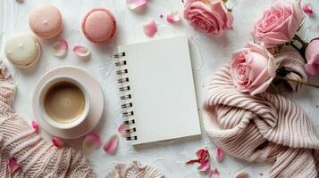 A Cup of Coffee With Macaroons and Roses photo