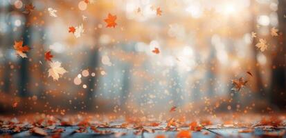 Vibrant Autumn Leaves Floating in a Peaceful Forest During Fall photo