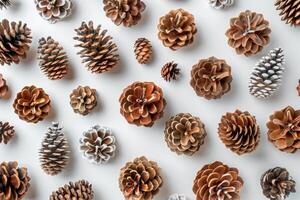 Brown Pine Cones Arranged On A White Background photo
