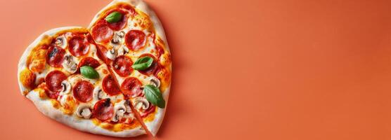 Freshly Baked Pepperoni Pizza Cut Into Slices on Bright Orange Background photo