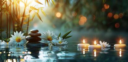Candle and Water Lilies in Pond photo
