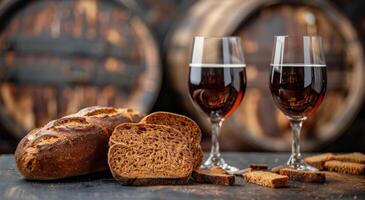 Two Glasses of Red Wine and Freshly Baked Bread in a Winery Setting photo