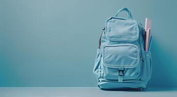 Blue Backpack on Blue Background photo