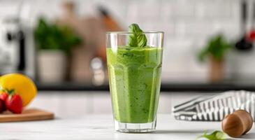 Fresh Green Smoothie With Basil Garnish in Modern Kitchen photo