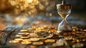 Golden Hourglass on Pile of Coins photo