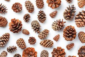 Brown Pine Cones Arranged On A White Background photo