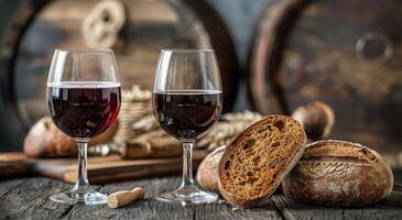 Two Glasses of Red Wine and Freshly Baked Bread in a Winery Setting photo