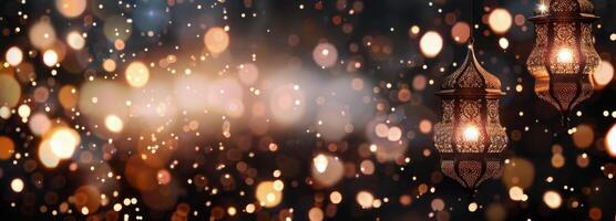 Decorative Lanterns Illuminating a Table at Night With Colorful Bokeh Background photo