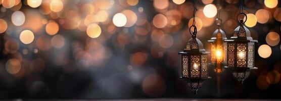 Decorative Lanterns Illuminating a Table at Night With Colorful Bokeh Background photo