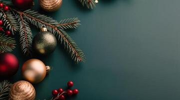 Festive Christmas Ornaments and Decorations on Dark Green Background photo