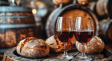 Two Glasses of Red Wine and Freshly Baked Bread in a Winery Setting photo